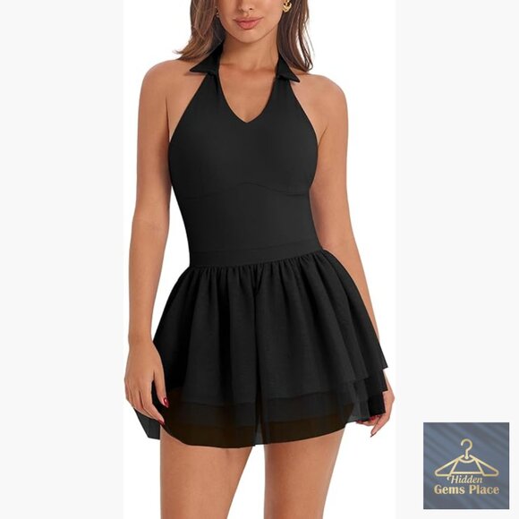 Dresses & Skirts - Women's Halter Backless Tennis Dress with Built-in Bra & Shorts